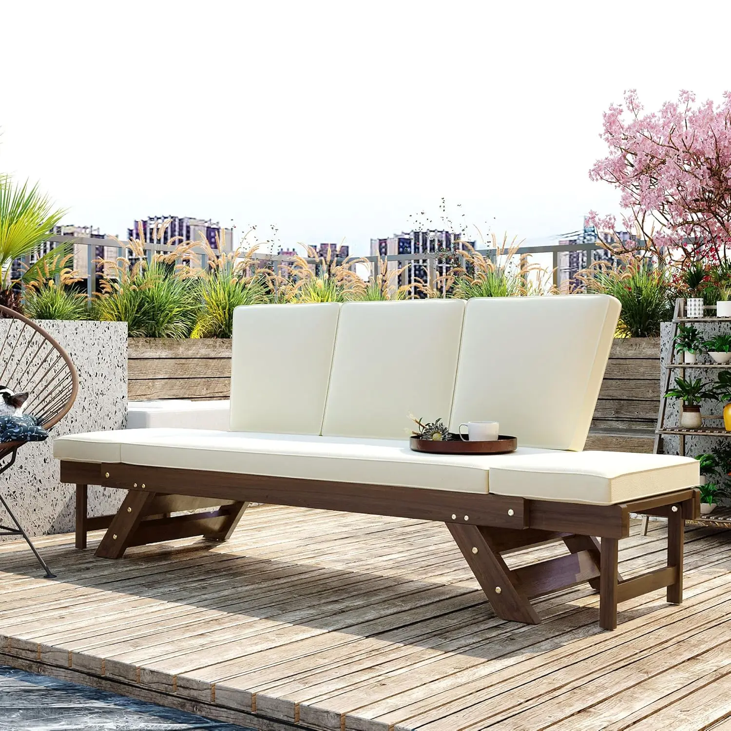 

Outdoor Adjustable Patio Wooden Daybed Sofa Chaise Lounge with Cushions for Small Space, Brown Finish+Beige Cushion, Customized
