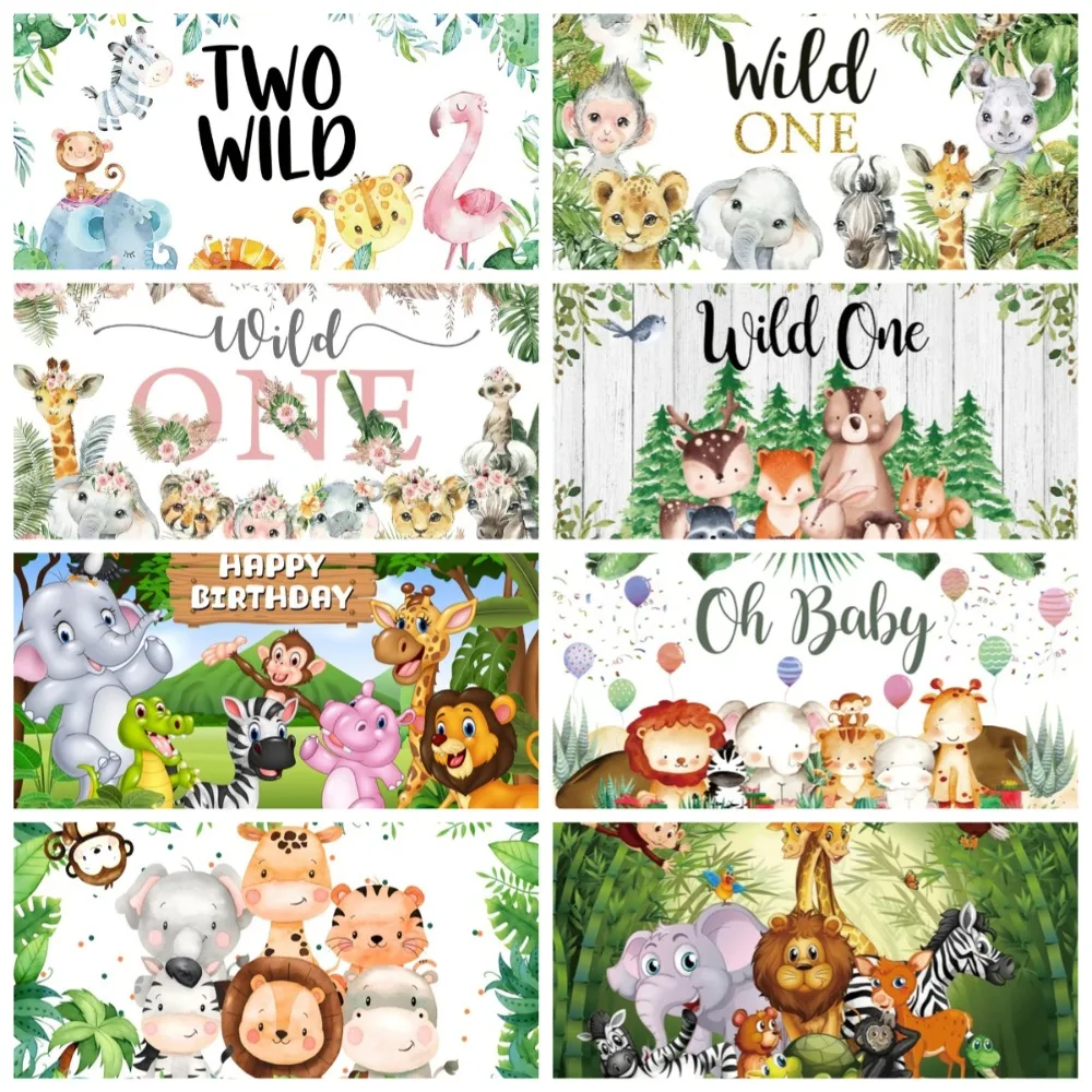 Wild Jungle Cartoon Animal Theme Banner Background Cloth, Children's 1st Birthday Party, Home Decoration Photography Background