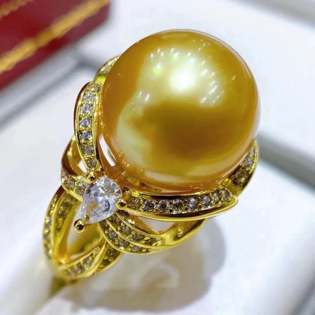 

Gorgeous HUGE AAAA ++++11-12MM 12-13MM 13-14MM ROUND Gold Pearl Ring S925 Silver Seawater Nanyang