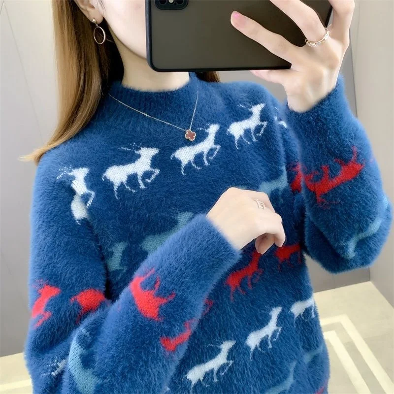 

2023 New Woman Sweaters Printing Flocking Fashion Long-Sleeved Knitted Women's Half Turtleneck Pullover Loose-fitting Top T261