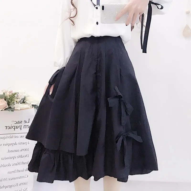 Mori Girl Gothic Black Bow Tiered Skirt Women 2023 Preppy Style Japanese Harajuku Kawaii Skirts Cute Y2k Women Lolita Tutu Skirt