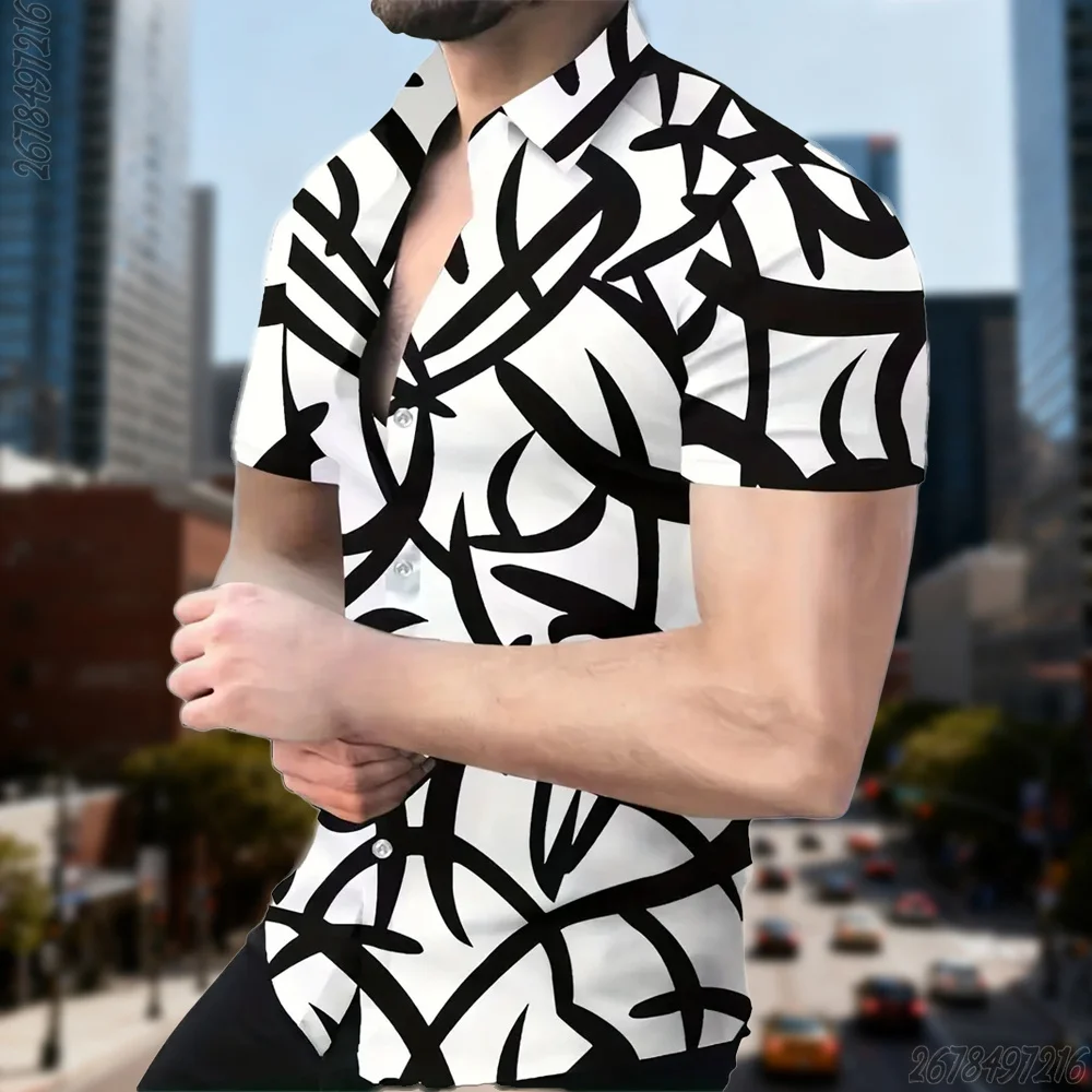 18-Color Men's Black and White Abstract Art Line Print Short-Sleeved Shirt Urban Fashion Lapel Button Shirt Hot Selling Style