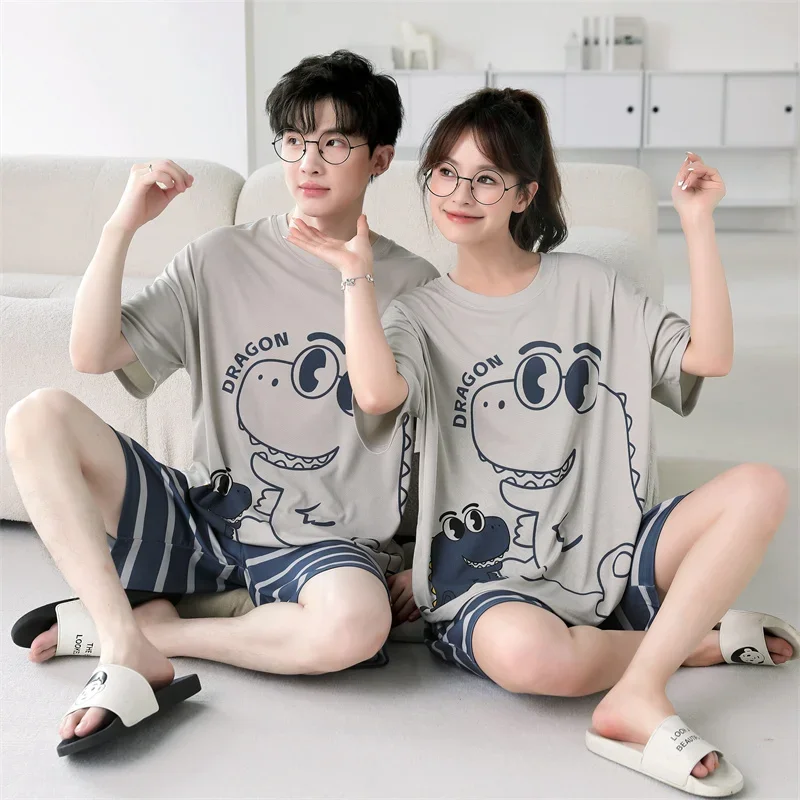 Summer Pajama Sets Women Men Sleepwear Pijama Mujer Lovers Cartoon Dinosaur Pattern Couple Pajamas Suit Modal Comfort Korean