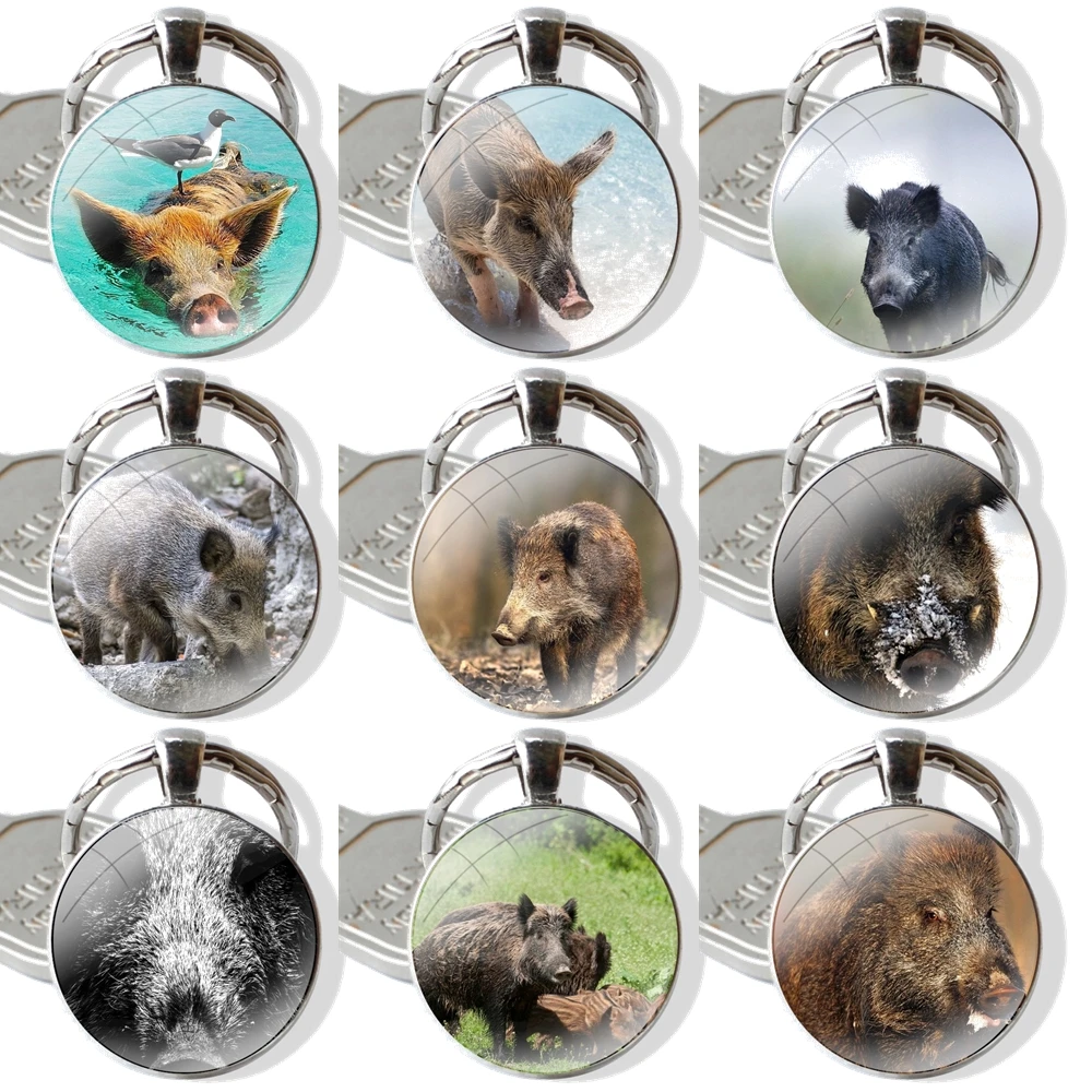 Animal wild boar Keychain Handmade Glass Cabochon Key Ring Holder Pendant Key Chains