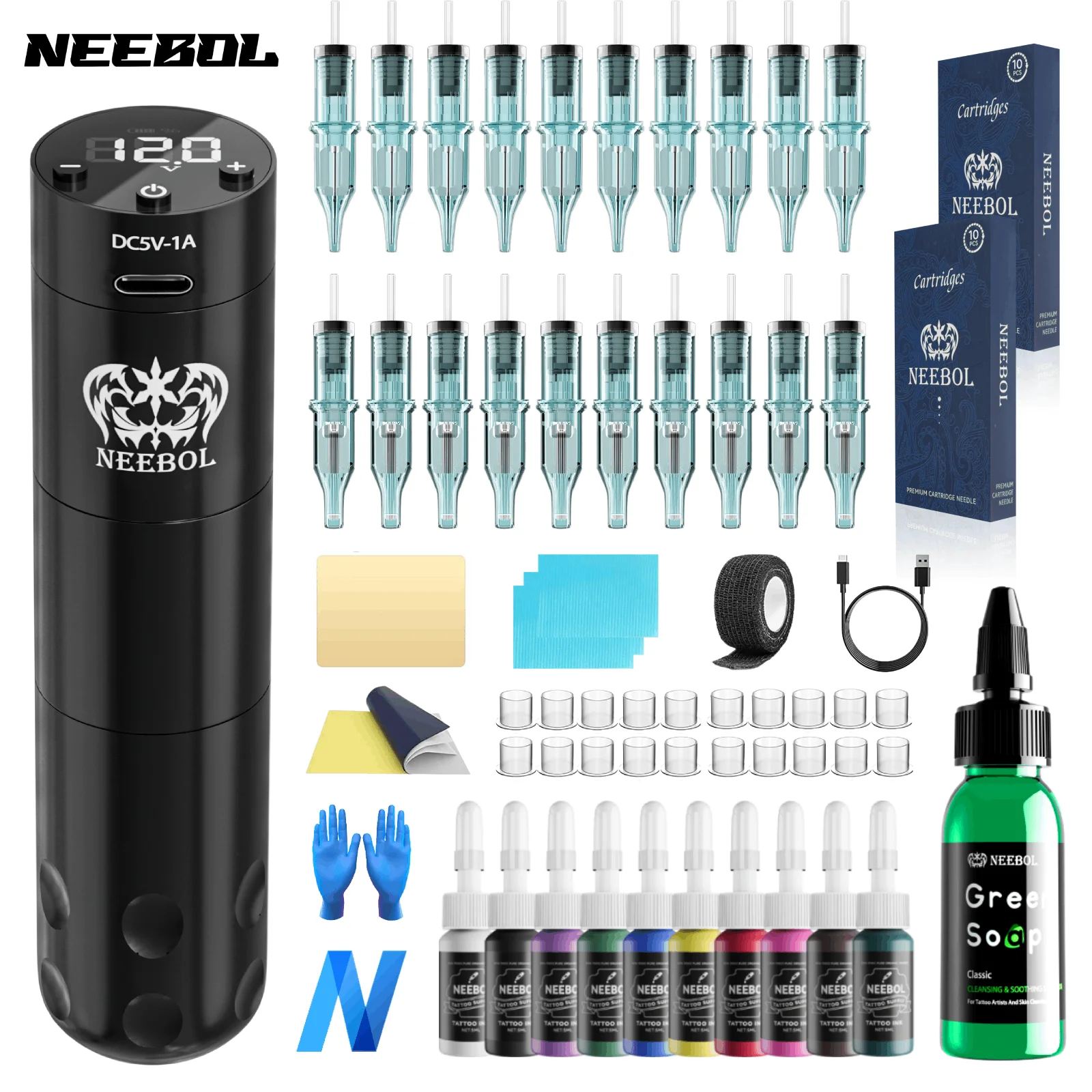 

Neebol Wireless Tattoo Machine, Cordless Rotary Tattoo Pen with Digital Screen Display, 20 Cartridge Needles10 inks, Green Soap