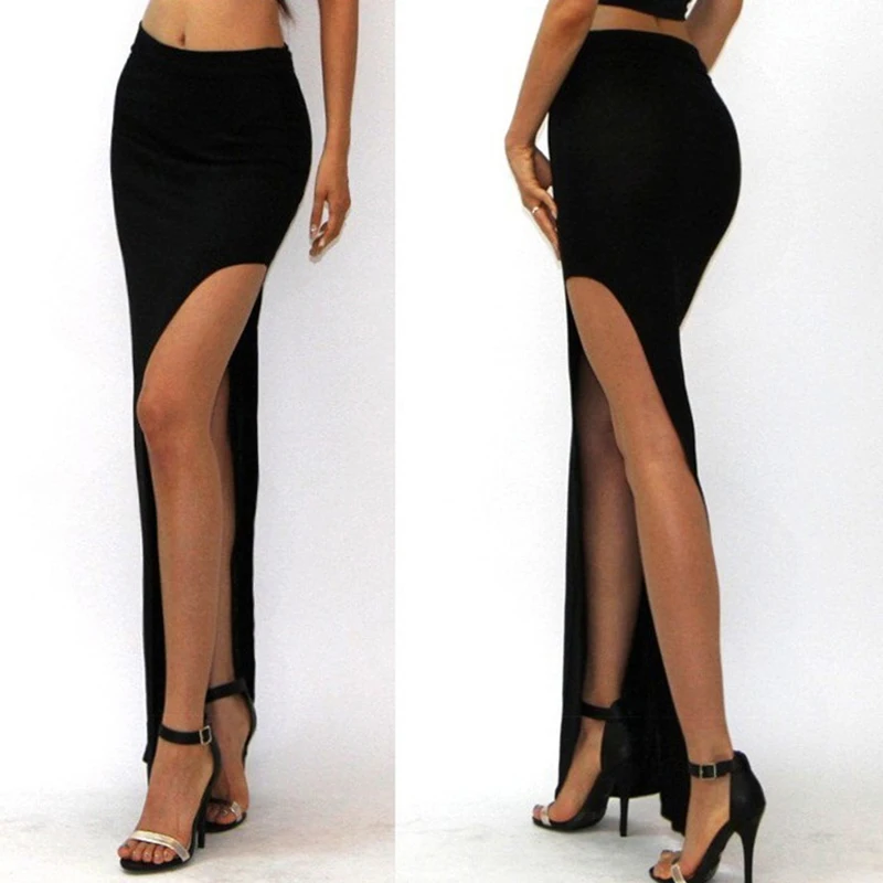 Fashion Split Skirts Women Sexy Long Sexy Skirts Open Side Split Skirt Long High Waist High Slit Maxi Skirt Black