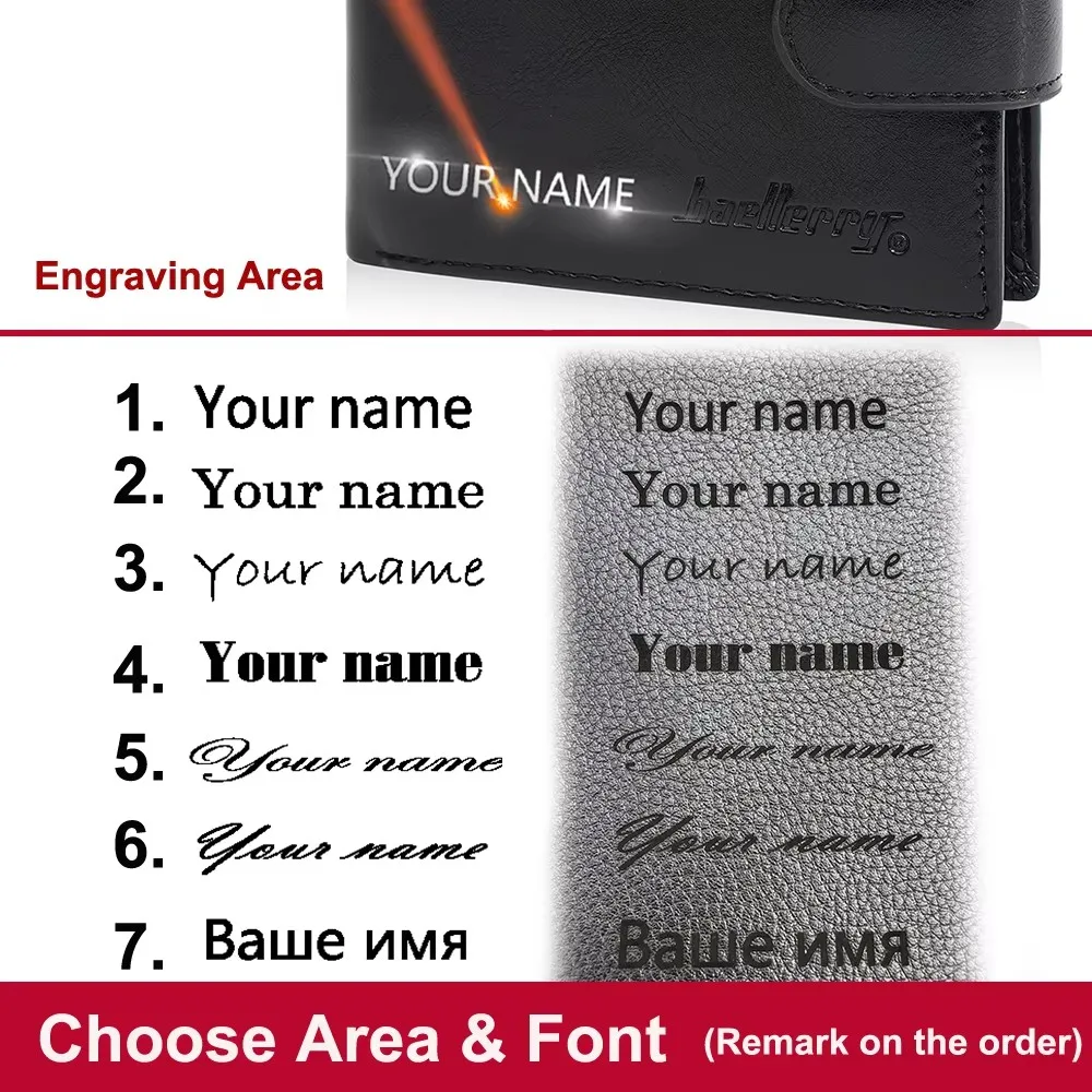 Customized Name Carving  New Men's Short Wallet High Quality Card Holder Photo Holder Zipper Coin Pocket Male Purses Card Clips