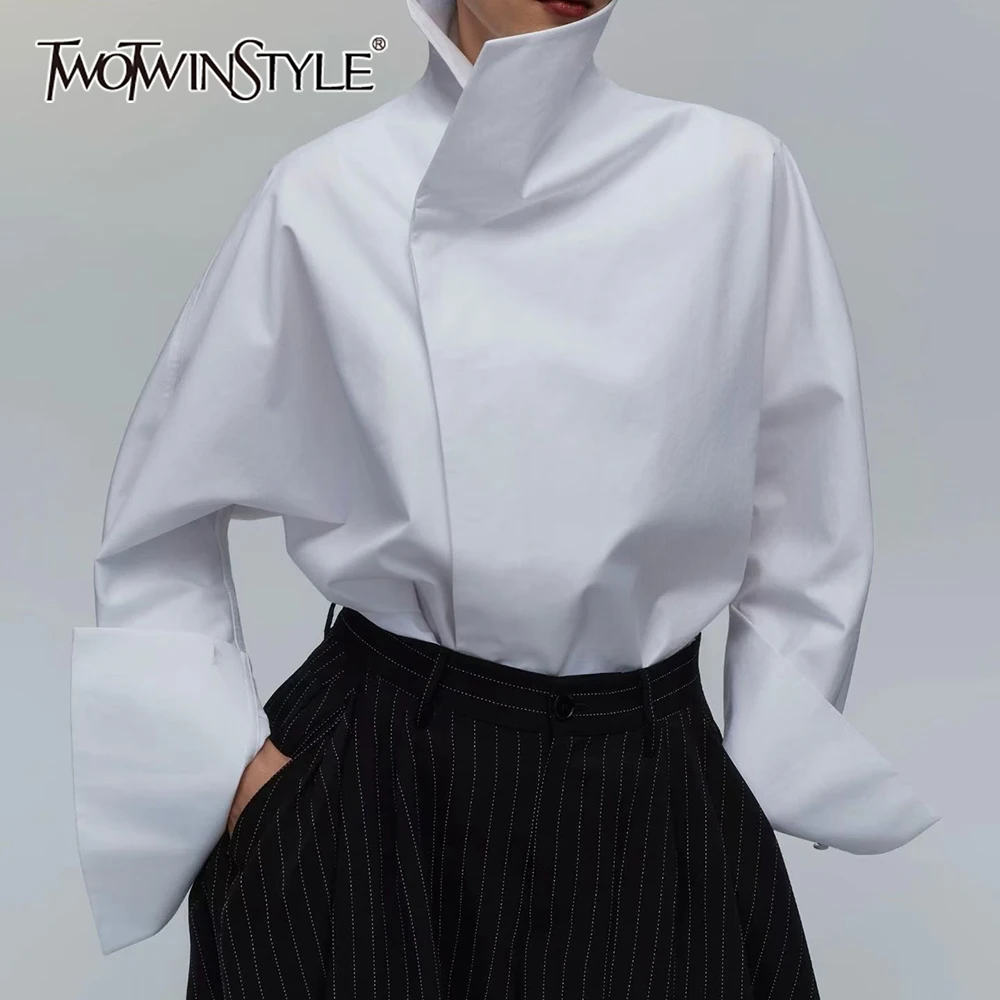 TWOTWINSTYLE Fashion Loose Irregular Shirts for Women Lapel Long Sleeves Patchwork Single Breasted Design Sense Shirt Female New