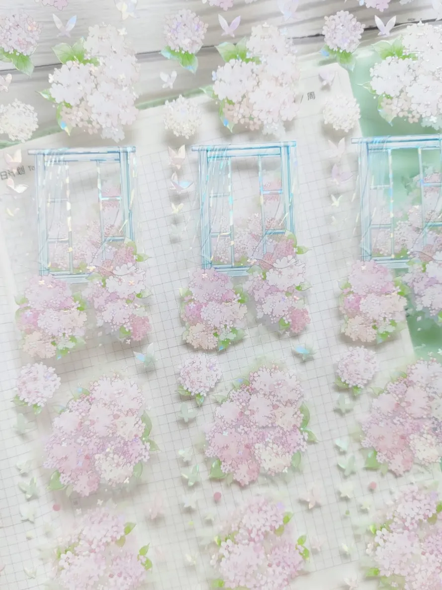 

Декоративная лента Washi Pet Tape 3.25, 1 рулон, серия Candy Early Summer Shiny Light, с рисунком розовых цветов, окон, птиц, зонтов, для дневников и скрапбукинга.