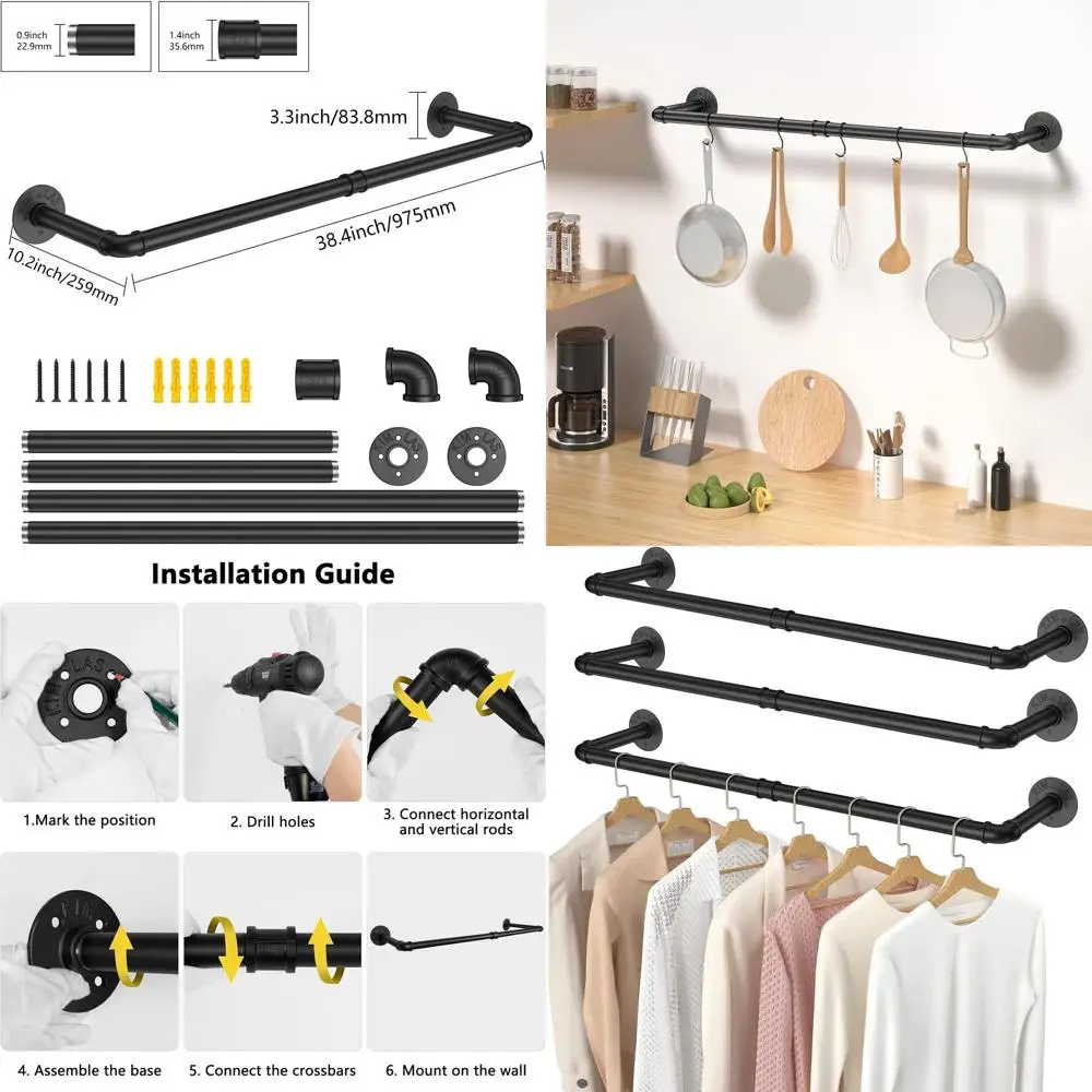 

Industrial-Style 38.4 Wall-Mounted Iron Clothing Rack for Closets and Laundry Rooms, Heavy-Duty Multi-Purpose Hanging Bar, Black