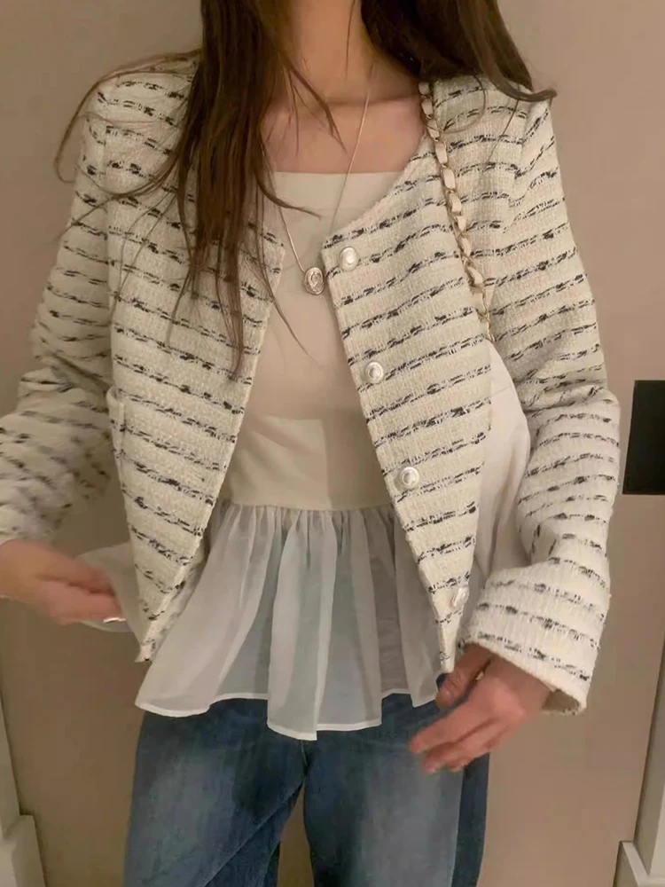 

Chic Autumn New Sle Age-Defng Color Blo Striped Loose ket Long Sve Tweed Small Fraance Sle Jaet for Women