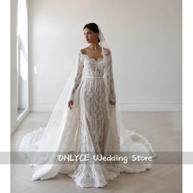 

Customized Lace Wedding Dress Mermaid Long Sleeve 2-in-1 Detachable Wedding Corset Curvy Gown