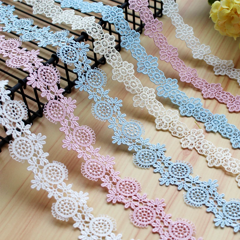 Embroidered Flower Lace Fabric, Polyester Sewing Craft, Crochet, White, Pink, Blue, Net Lace Trim Clothes, 3 Yards per Lot