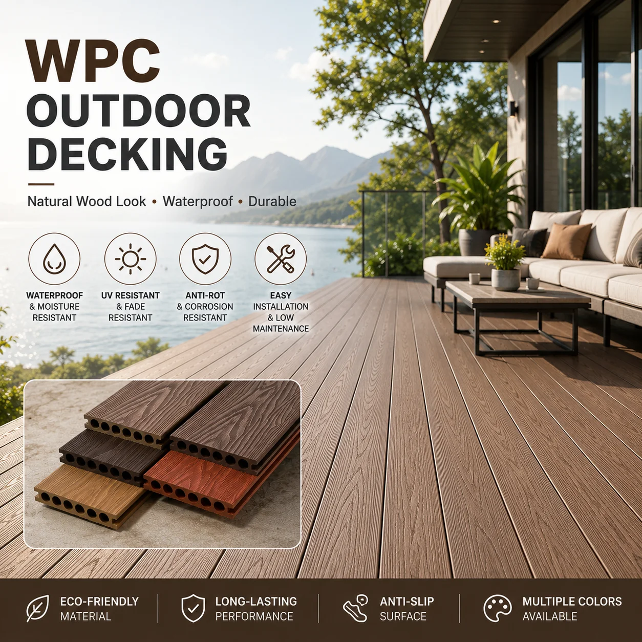 Tarima de WPC para Jardín, Suelo Compuesto para Exteriores, Resistente al Agua, Tablero de Madera y Plástico para Patio, Jardín, Piscina, Balcón, Terraza
