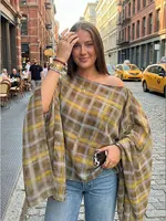 HH Women Fashion Plaid Print Blouse Vintage Casual Loose Asymmetric Hem Tops With Scarf Summer Thin Female Holiday Beach Outfits - Image 4
