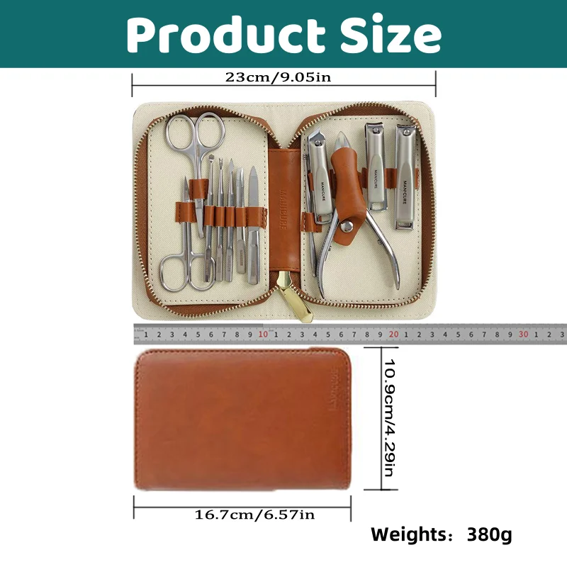CMGF 12 ชิ้นชุดดูแลส่วนบุคคลพร้อมกระเป๋าหนัง, กรรไกรตัดเล็บ, กรรไกรตัดเล็บเฉียง, ก้ามหนังกําพร้า, Pusher ผิวที่ตายแล้ว