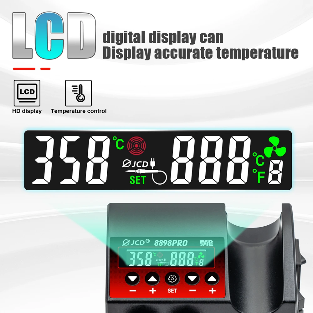 JCD Nowa stacja lutownicza 8898Pro 2 w 1 Wyświetlacz LCD 750W Regulowana temperatura Kontrola przepływu powietrza BGA SMD IC Narzędzie spawalnicze