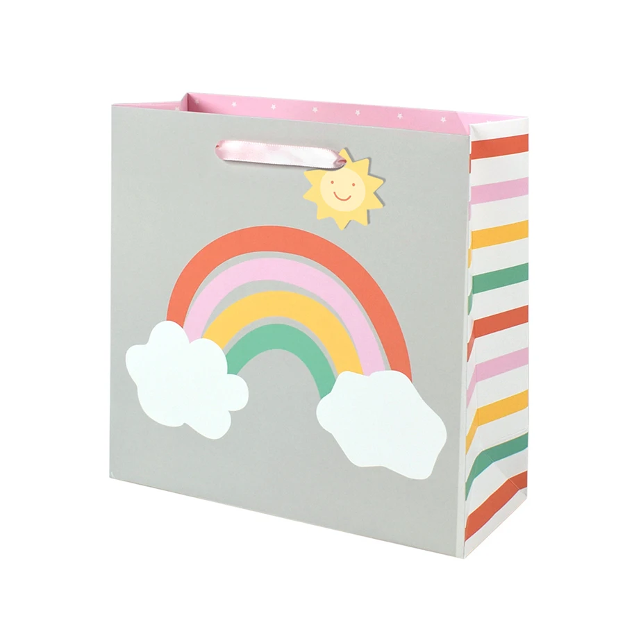 Cute cartoon clouds rainbow thickened white card gift tote bag spot, color printed square paper tote bag