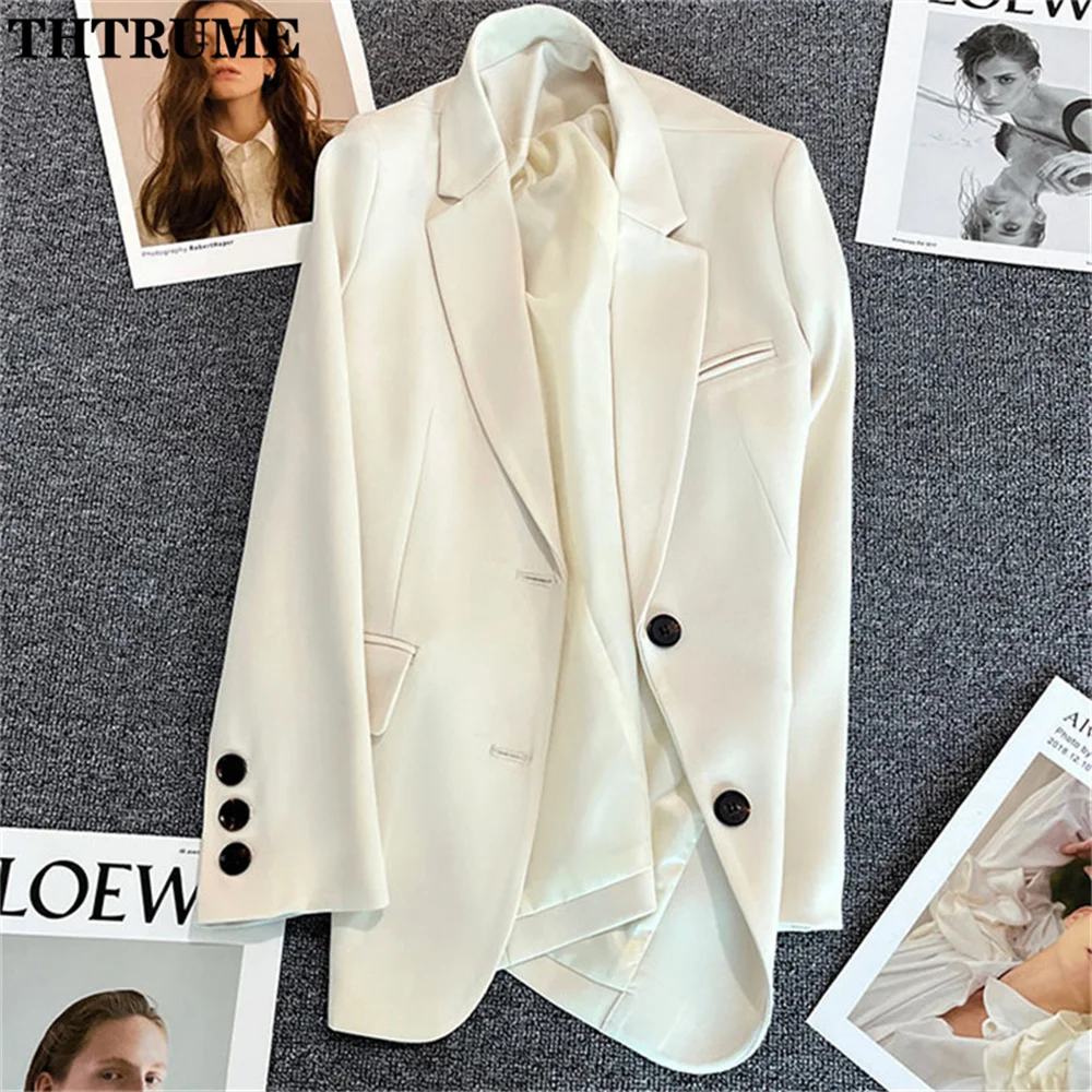 Fashion Women Autumn Blazers Elegant Solid Single Breasted White Basic Pocket Loose Streetwear Casual Office Lady New Blazer