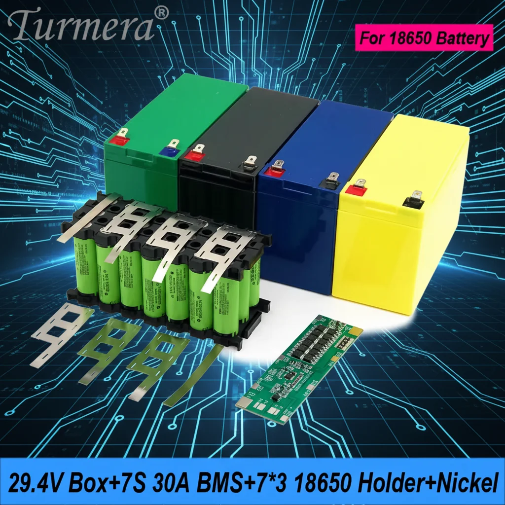 29.4V 24V 18650 Battery Holder 7S3P | Turmera 30A Balance BMS Welding Nickel Case for Electric Bicycle Lead-Acid Battery Replace