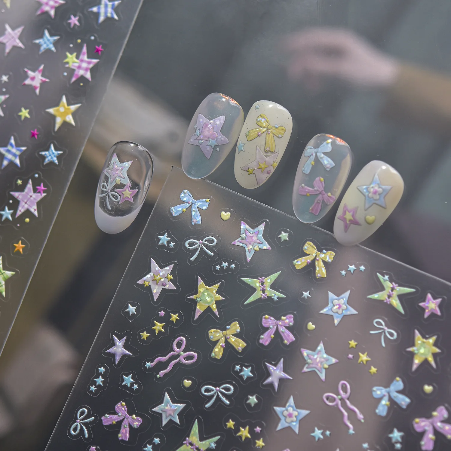 5D Embossed Nail Stickers Dopamine Simple Colorful Five-pointed Star Nail Art Accessories Decals DIY Summer Nails 3D Decorations