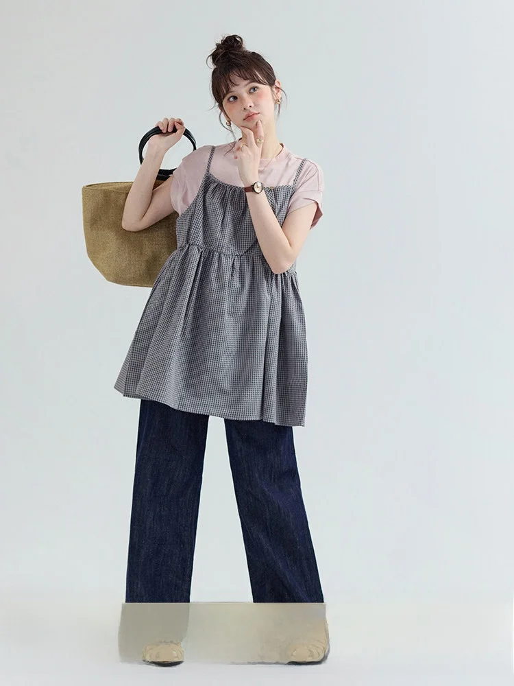 

AMUU Pure Cotton Plaid Doll Shirt Women's Mid-Length Summer New Style Sweet Style Korean Version Loose Fit Sleeveless Top