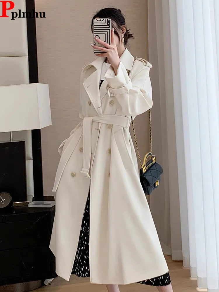 

With Belt Lapel Long Trench Coats Classic Korea Double Breasted Abrigos Casual Gabardina New Fashion Elegant Women Windbreaker