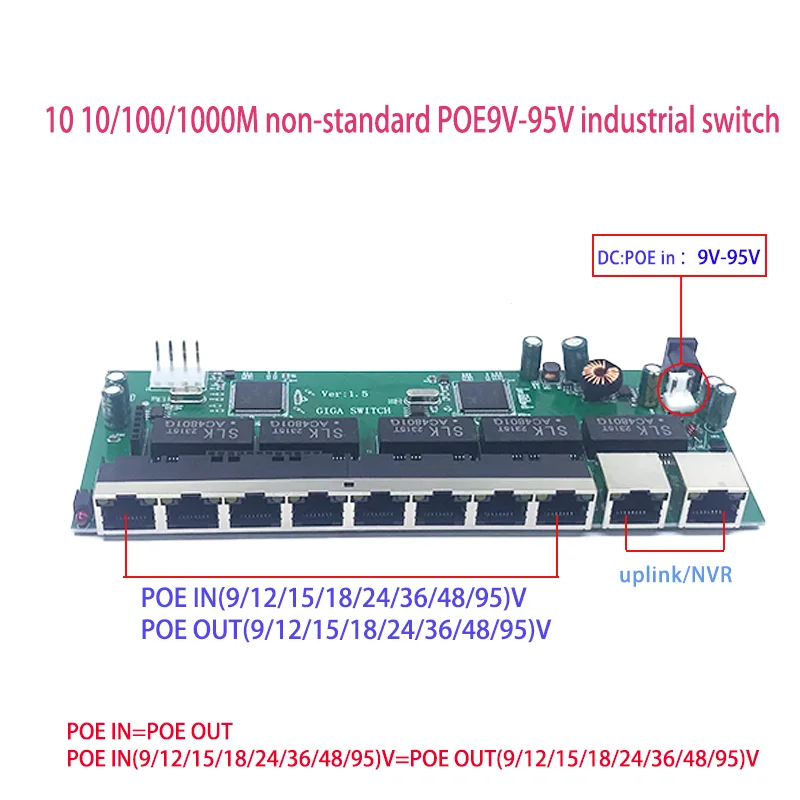 10 1000M gigabit switch Non standard 8POE 9V/12V/15V/18V/36V/48V/96V,2UPLINK Lightning and Static Protection