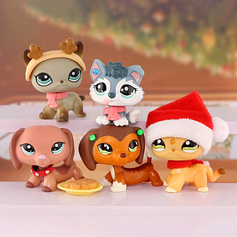 

5PCS LPS Mini Pet Shop Dachshund Shorthair Cat Husky Puppy Children's Bobble Head Toys Christmas Gifts for Boys and Girls
