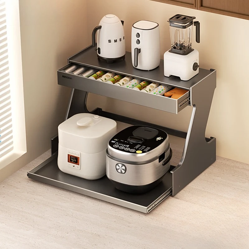 Pull Out Rice Cooker Storage Rack 600mm Three Tier Kitchen Counter Shelf with Double Drawers Microwave Spice Organizer 주방 수납 선반