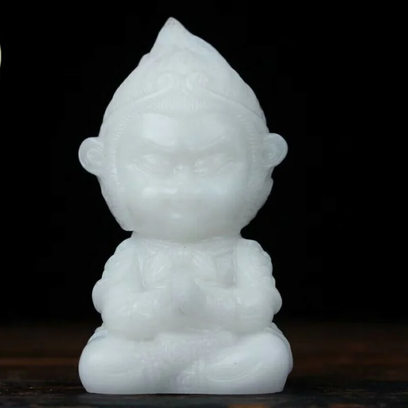 

3.3" White jade Bodhi fruit Carved Sun WuKong Monkey Statue Decor