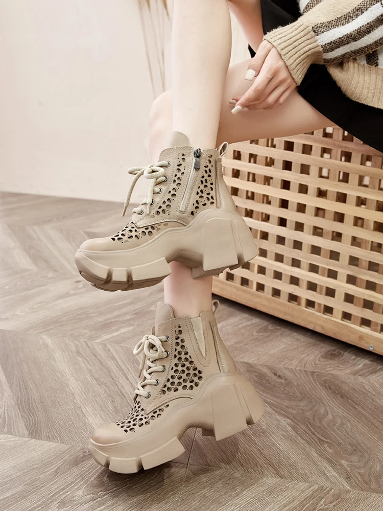 Trendy Summer High-Top Hollow out Chelsea Boots Thick Heel  Boots Women's High Heel Short Boots Casual Style Side Zipper