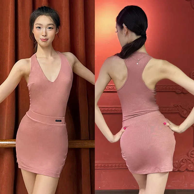 Adult Rumba Dance Clothes Sleeveless Bodysuit Wrap Hip Skirt Women Latin Dance Practice Suit Chacha Salsa Dance Dress DNV27635