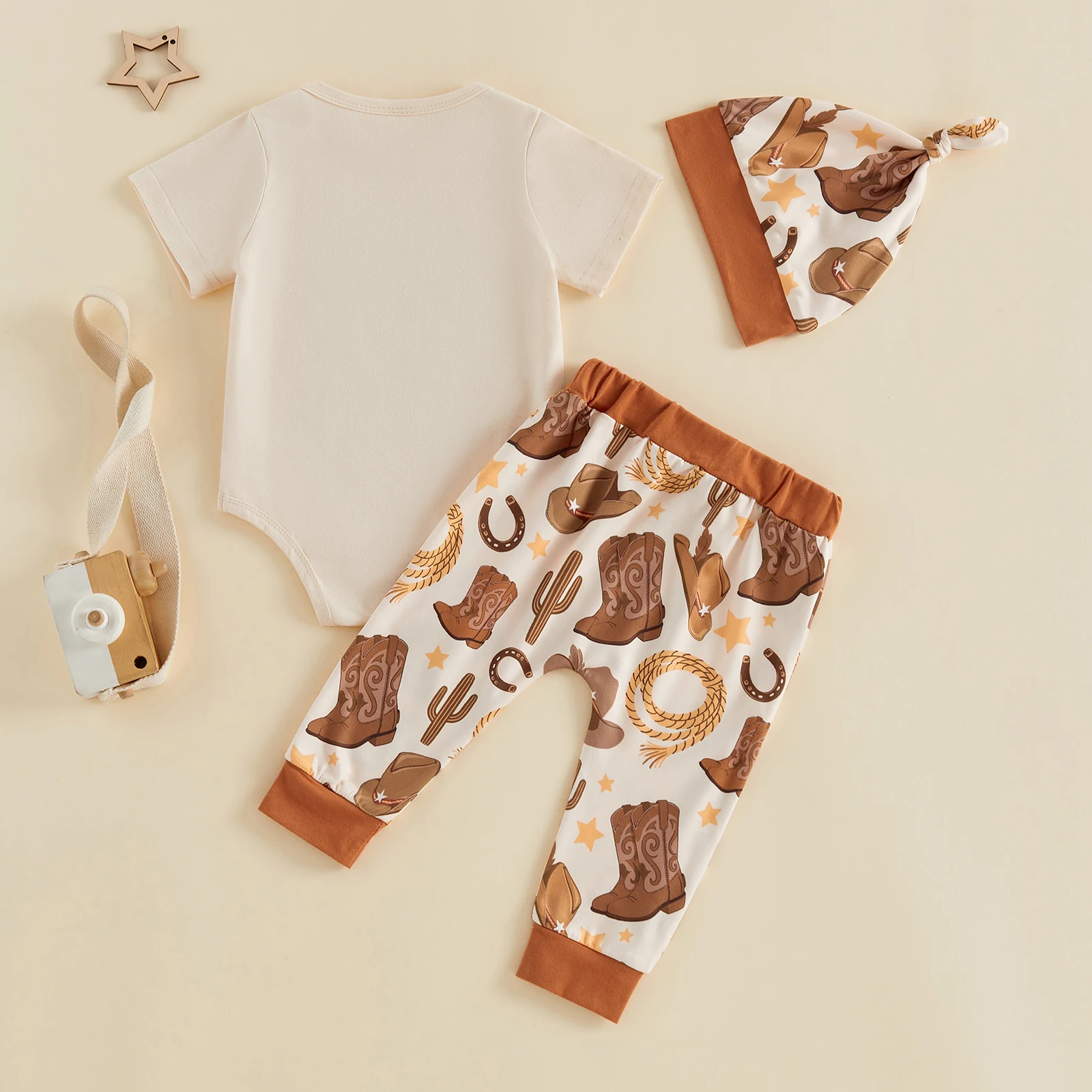 Baby Boy s Western Clothing Sets Fashionable Booties Print Short Sleeve Romper with Pants Hat 3Pcs Outfits