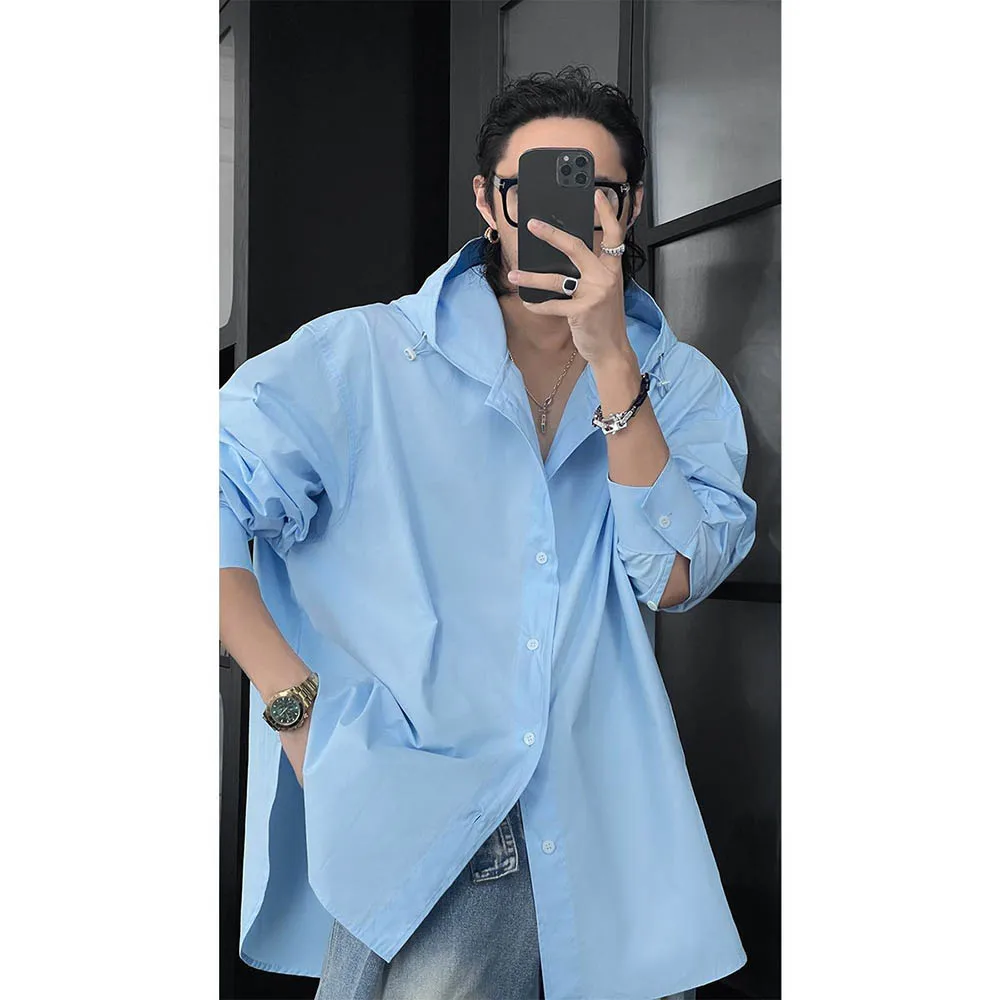 

Мужская однотонная рубашка с капюшоном и длинными рукавами в американском стиле ретро, модные тенденции, уличные повседневные свободные дышащие нишевые новые мужские топы