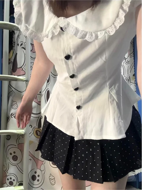 

Sweet Pure Desire College Style Outfit Set Doll Collar Waist Cinched Shirt Top Versatile Polka Dot Skirt Women's Fashion