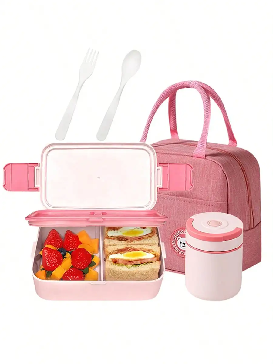 Three-Piece Portable Lunch Box Set, Including Thermal Bag, Lunch Box And Soup Cup, Available In Pink/Blue/Yellow, Microwaveable, Suitable For Outdoor Dining At School And Work