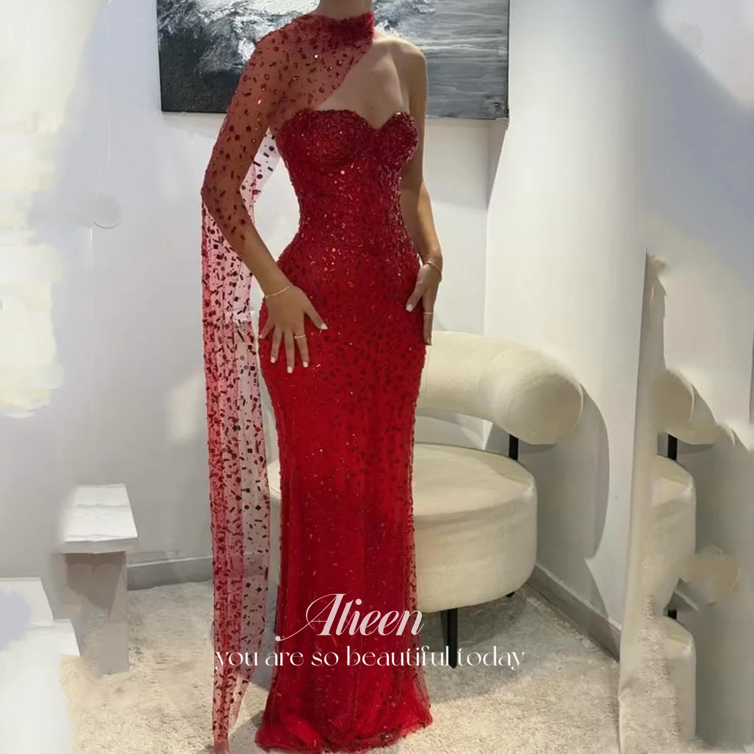 

Aileen Red Luxurious Evening Dresses for Special Occasions Customized Women's Evening Dress Mermaid Shawl Beads Luxury Prom