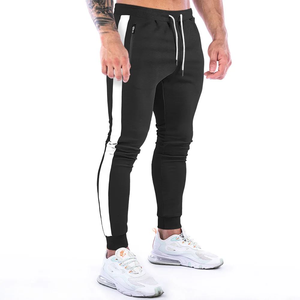 Mens Cotton Sport Trousers GYM Sweatpants Stripe Joggers Casual Training Workout Zipper Pocket Fitness Male Running Pants