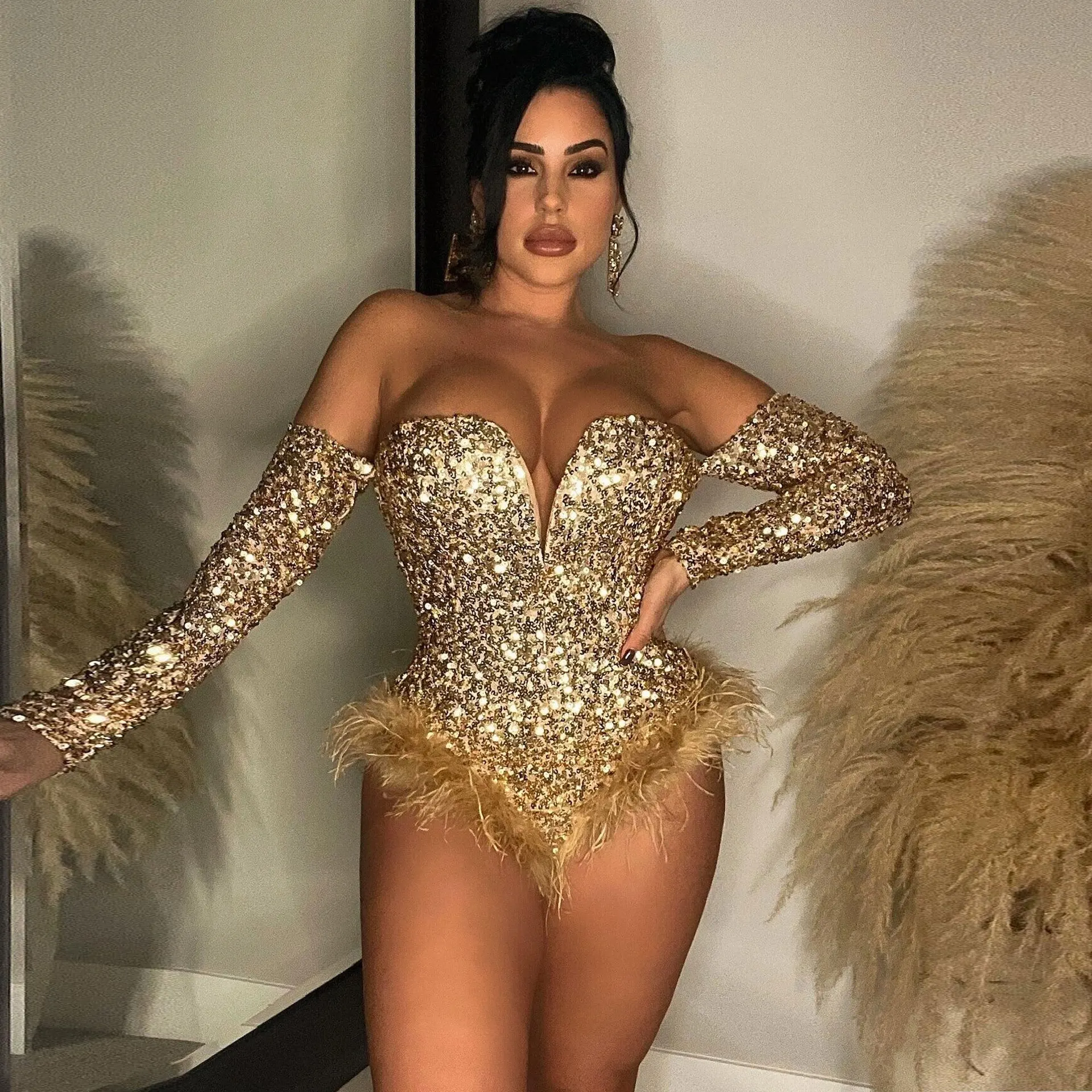 Sexy Bodysuit for Women Plunge Deep V Neck Sequined Off Shoulder Long Sleeve Hem Faeathers Jumpsuit 2023 Party Evening Clubwear