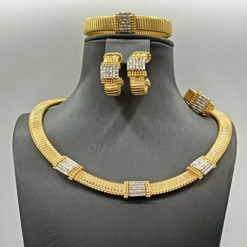 Tri-Color Gold Plated Jewelry Set For Women Snake Chain Necklace Earrings Bracelet, Elegant Party Wedding Statement Jewelry Gift