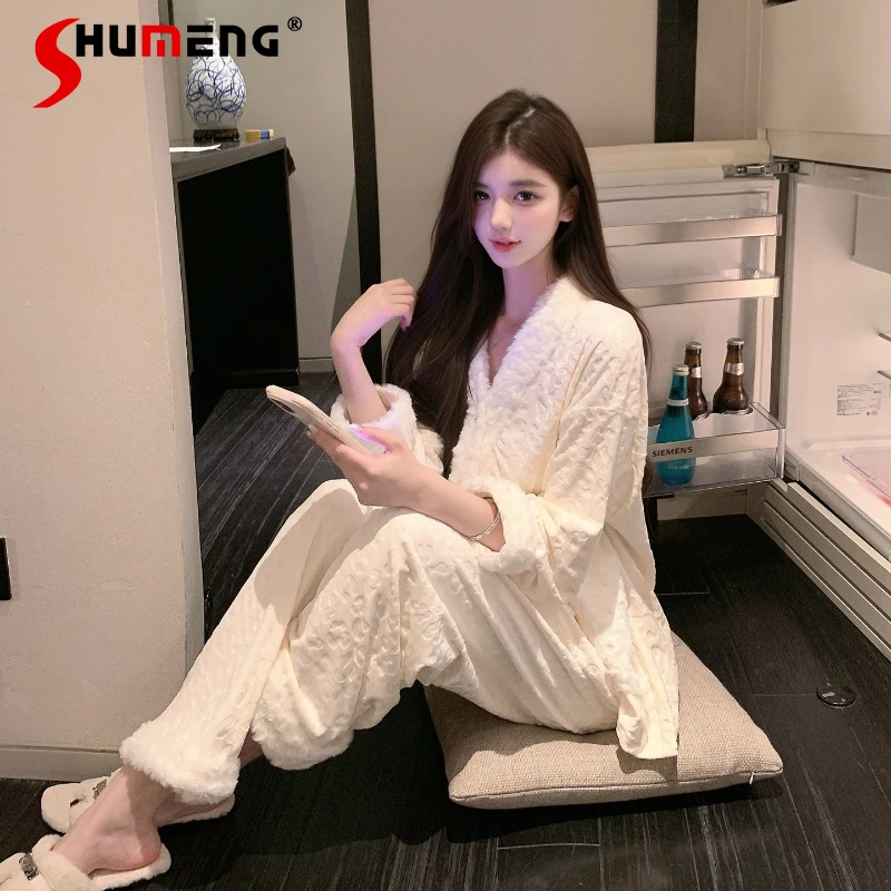 

Осенне-зимний велюровый пижамный комплект для женщин: новая модель, тонкий велюр, утолщенный, домашняя одежда, женский, в японском стиле, элитный комплект для сна