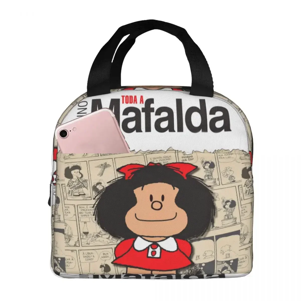 Mafalda Comic Bolsas de almuerzo aisladas Bolsa térmica Contenedor de comida Kawaii Amine Fiambrera de alta capacidad para hombres y mujeres Trabajo