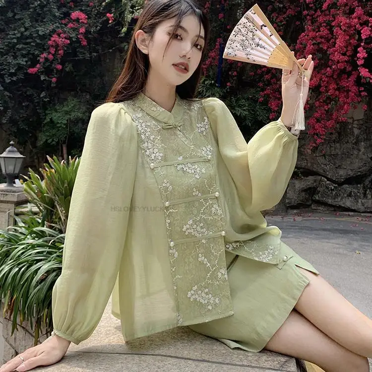 Modern Chinese Daily Hanfu Female Retro Daily Embroidery Lady Fairy Costume Pan Button Long Sleeved Top High Waisted Skirt Set