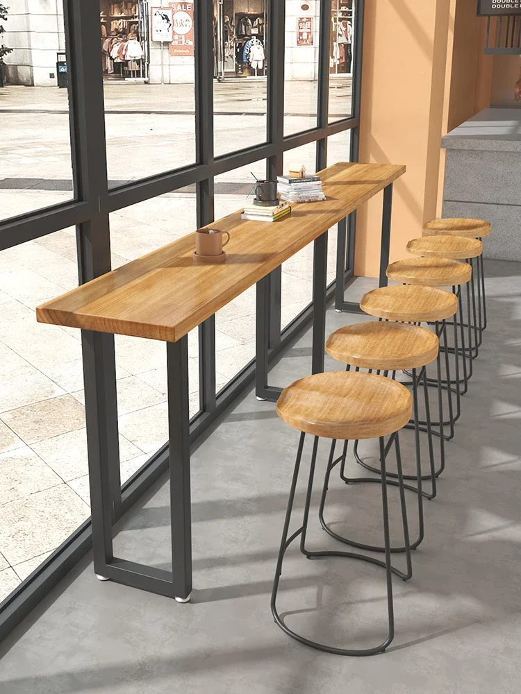 Bar table and chairs Solid wood home milk tea shop Long bar table against the wall Retro high-footed tables and chairs