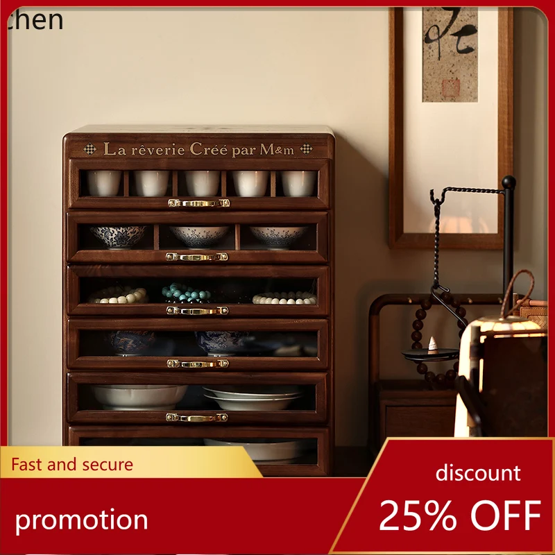 ZML high-end solid wood chest, black walnut log six-draw jewelry tea set, Wenwan storage locker