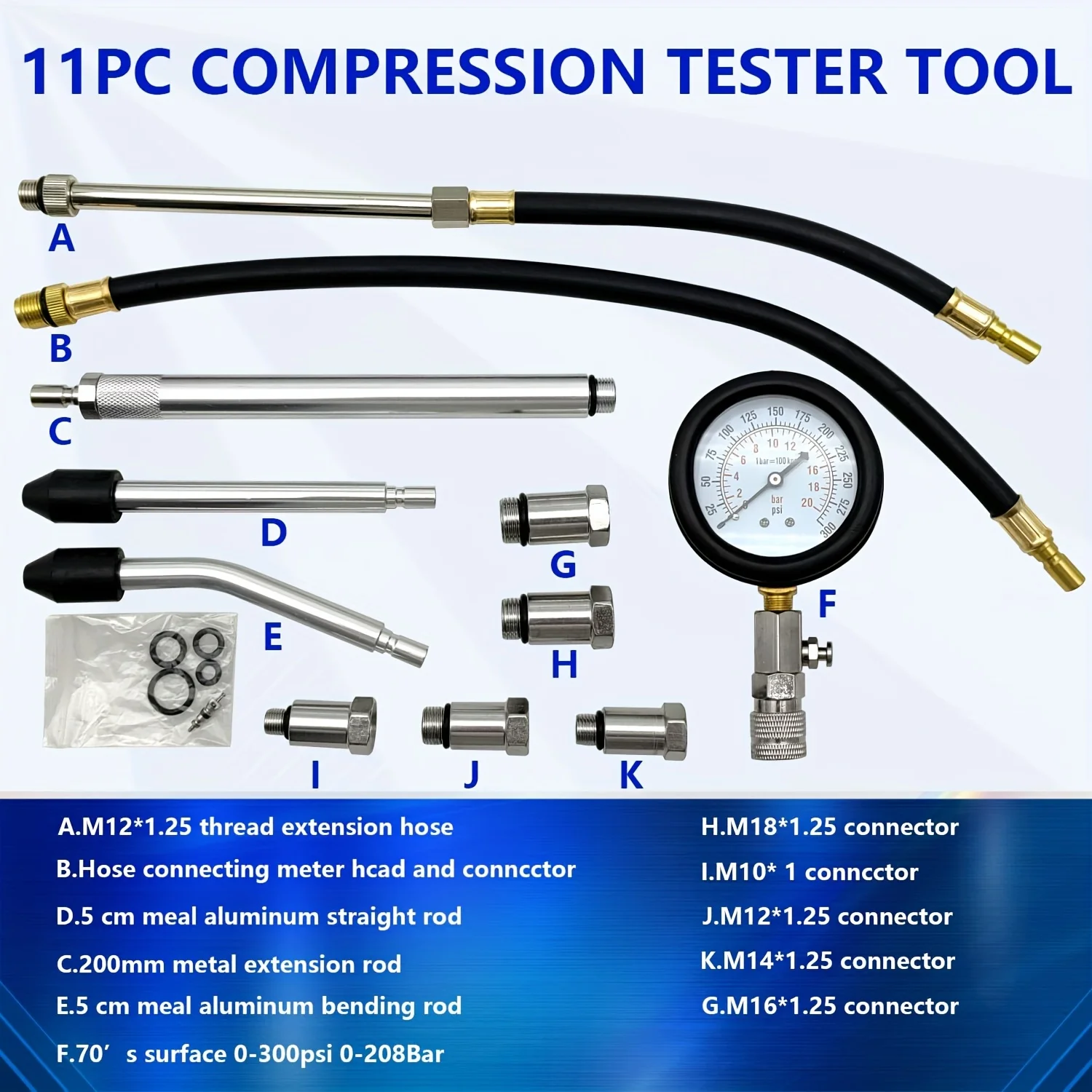 11pcs Compression Tester Kit 0-300 PSI Petrol Gas Engine Cylinder Pressure Gauge Automotive Tool for Motorcycle Car Truck