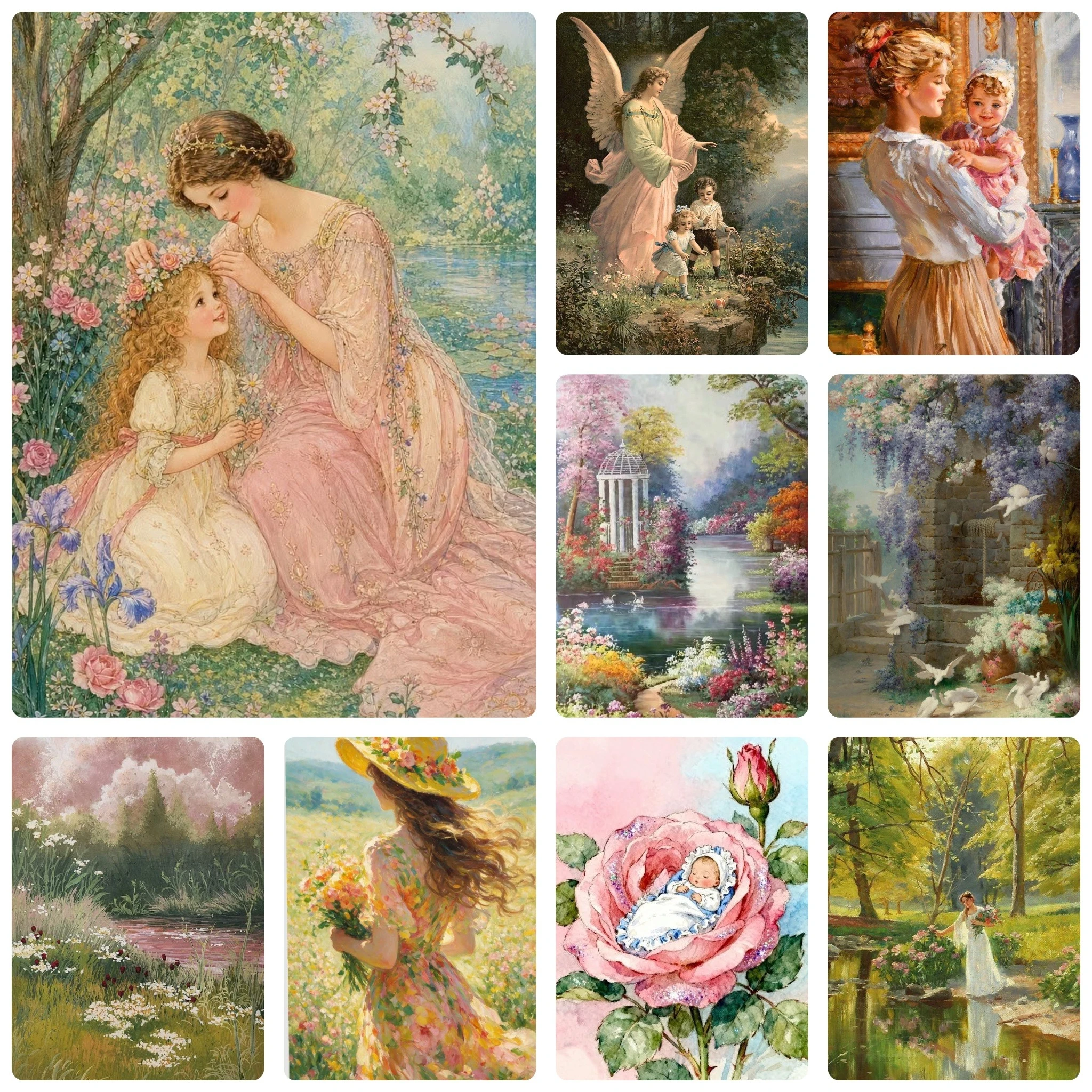 Vintage Classical Painting, Romantic Victorian Lady Floral Garden Nature Scene, Elegant Wall Art Home Decor Gift
