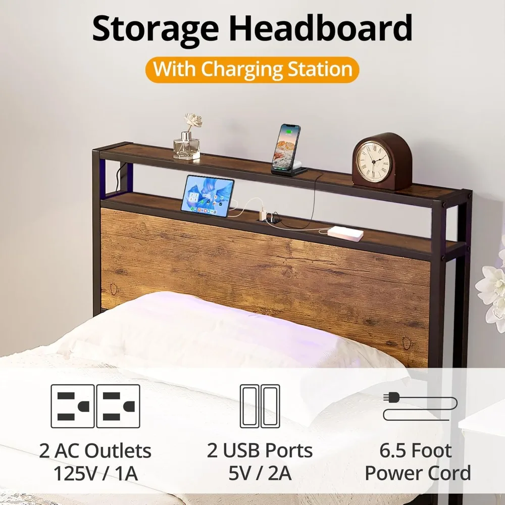 سرير بمنصة مزدوجة الحجم، إطار سرير معدني حديث مع لوح رأسي، USB، أضواء LED ومساحة تخزين تحت السرير، سرير معدني فردي Fra #3