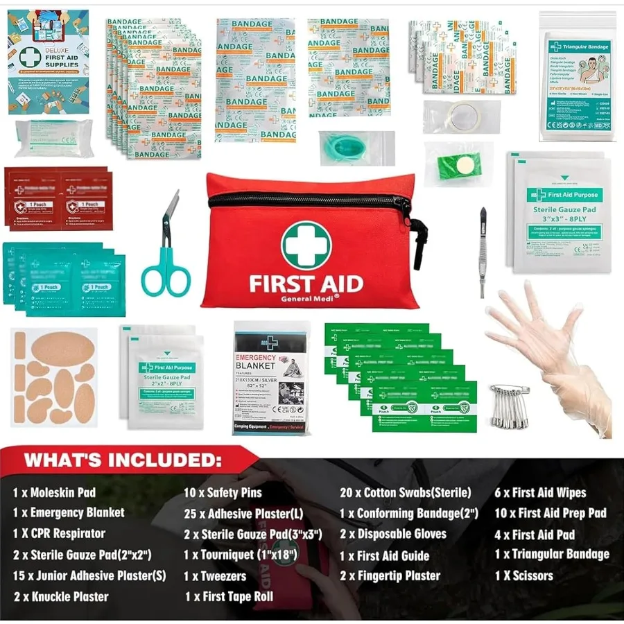 Mini kit di pronto soccorso General Medi Kit di pronto soccorso piccolo da 110 pezzi con coperta di emergenza e forbici per viaggi in ufficio a casa V